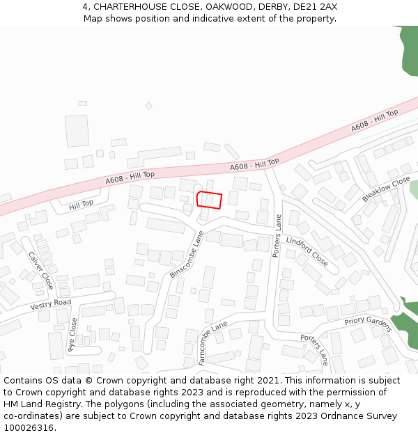 4, CHARTERHOUSE CLOSE, OAKWOOD, DERBY, DE21 2AX: Location map and indicative extent of plot