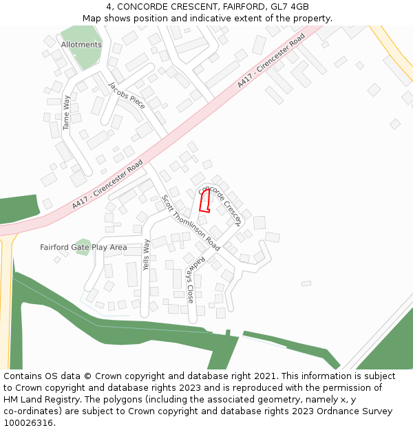 4, CONCORDE CRESCENT, FAIRFORD, GL7 4GB: Location map and indicative extent of plot