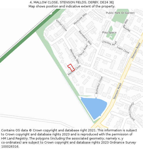 4, MALLOW CLOSE, STENSON FIELDS, DERBY, DE24 3EJ: Location map and indicative extent of plot