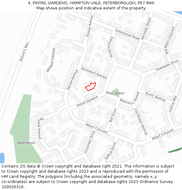 4, PINTAIL GARDENS, HAMPTON VALE, PETERBOROUGH, PE7 8WX: Location map and indicative extent of plot