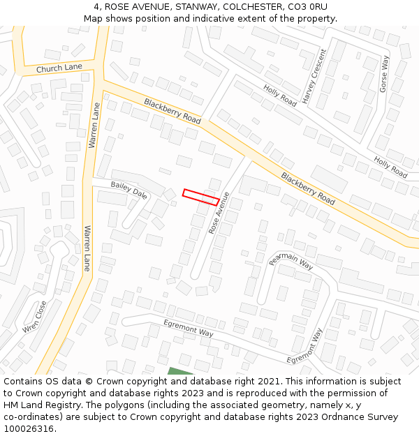 4, ROSE AVENUE, STANWAY, COLCHESTER, CO3 0RU: Location map and indicative extent of plot