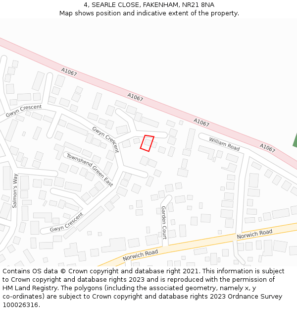 4, SEARLE CLOSE, FAKENHAM, NR21 8NA: Location map and indicative extent of plot