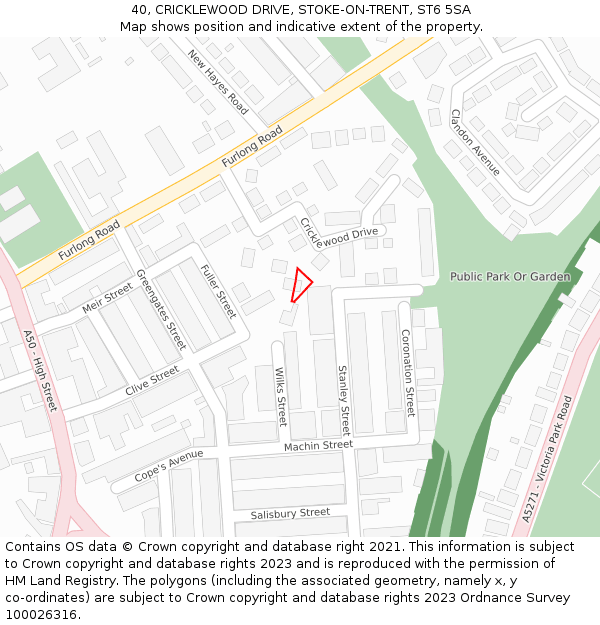 40, CRICKLEWOOD DRIVE, STOKE-ON-TRENT, ST6 5SA: Location map and indicative extent of plot