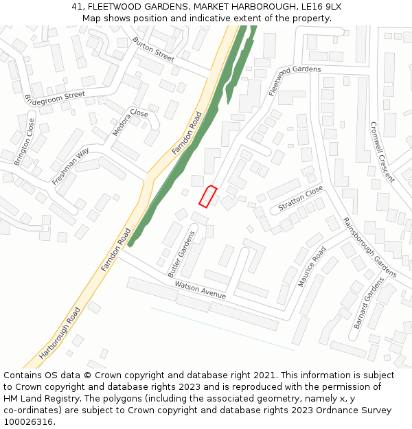 41, FLEETWOOD GARDENS, MARKET HARBOROUGH, LE16 9LX: Location map and indicative extent of plot