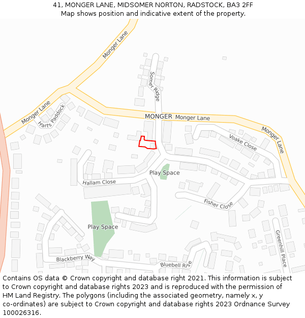 41, MONGER LANE, MIDSOMER NORTON, RADSTOCK, BA3 2FF: Location map and indicative extent of plot