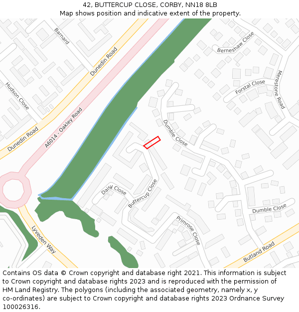 42, BUTTERCUP CLOSE, CORBY, NN18 8LB: Location map and indicative extent of plot