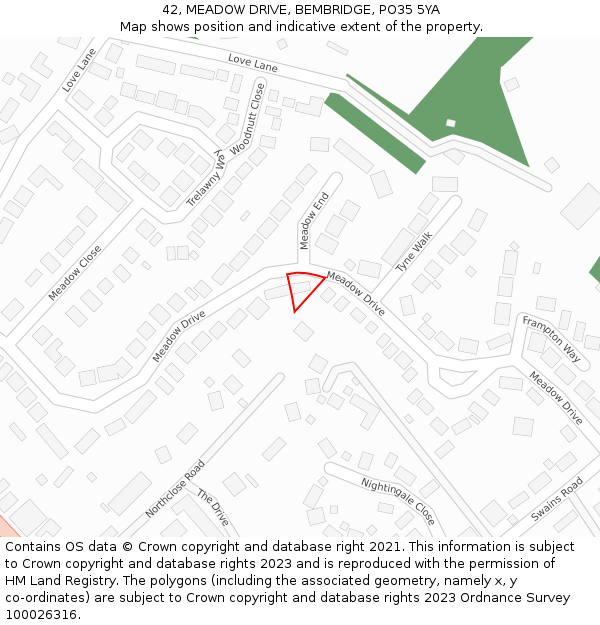 42, MEADOW DRIVE, BEMBRIDGE, PO35 5YA: Location map and indicative extent of plot