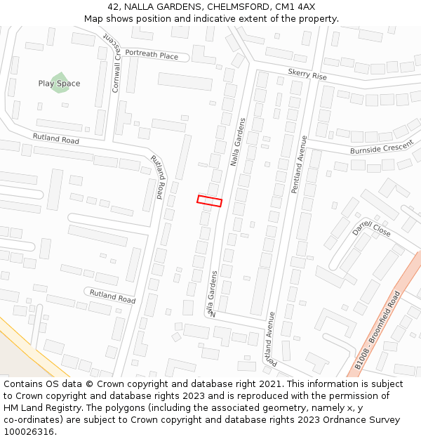 42, NALLA GARDENS, CHELMSFORD, CM1 4AX: Location map and indicative extent of plot