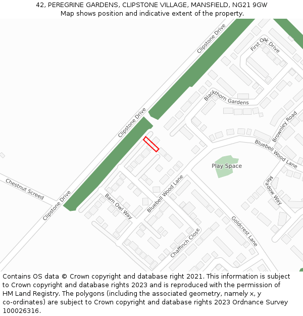 42, PEREGRINE GARDENS, CLIPSTONE VILLAGE, MANSFIELD, NG21 9GW: Location map and indicative extent of plot