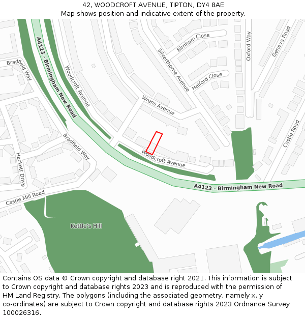 42, WOODCROFT AVENUE, TIPTON, DY4 8AE: Location map and indicative extent of plot
