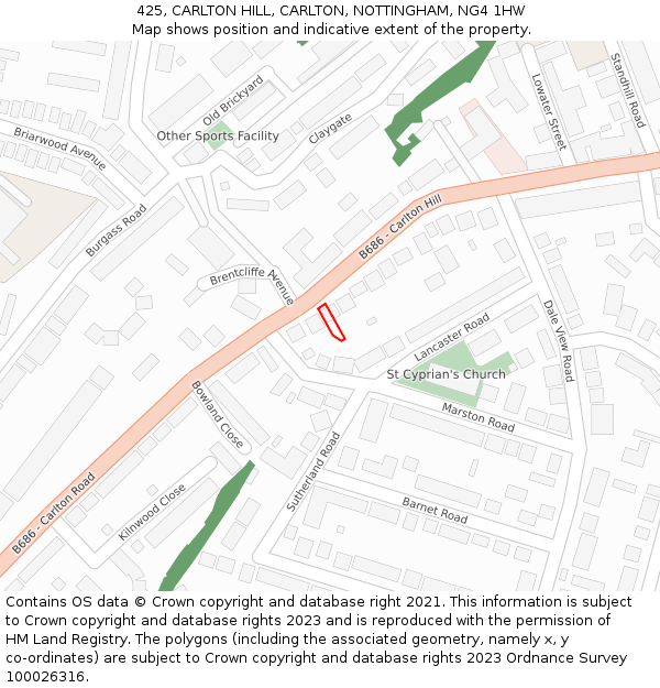 425, CARLTON HILL, CARLTON, NOTTINGHAM, NG4 1HW: Location map and indicative extent of plot