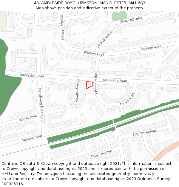43, AMBLESIDE ROAD, URMSTON, MANCHESTER, M41 6QX: Location map and indicative extent of plot