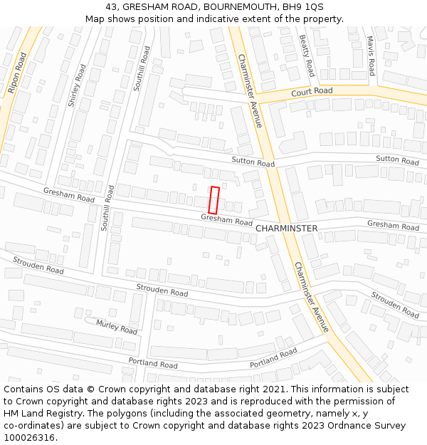 43, GRESHAM ROAD, BOURNEMOUTH, BH9 1QS: Location map and indicative extent of plot