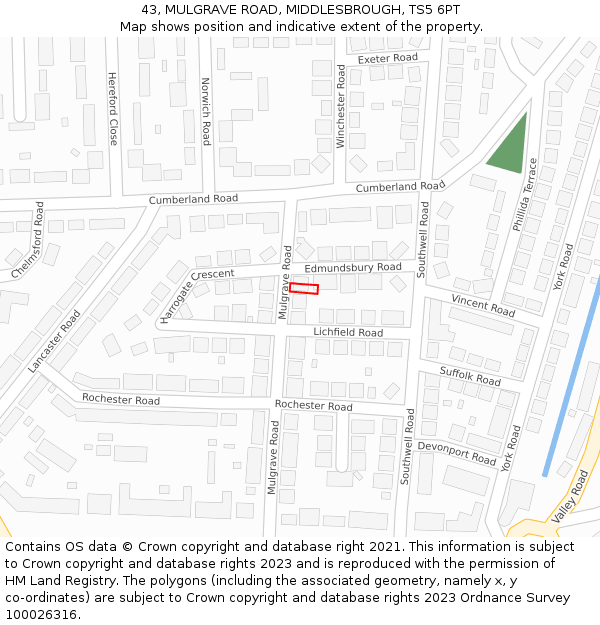 43, MULGRAVE ROAD, MIDDLESBROUGH, TS5 6PT: Location map and indicative extent of plot
