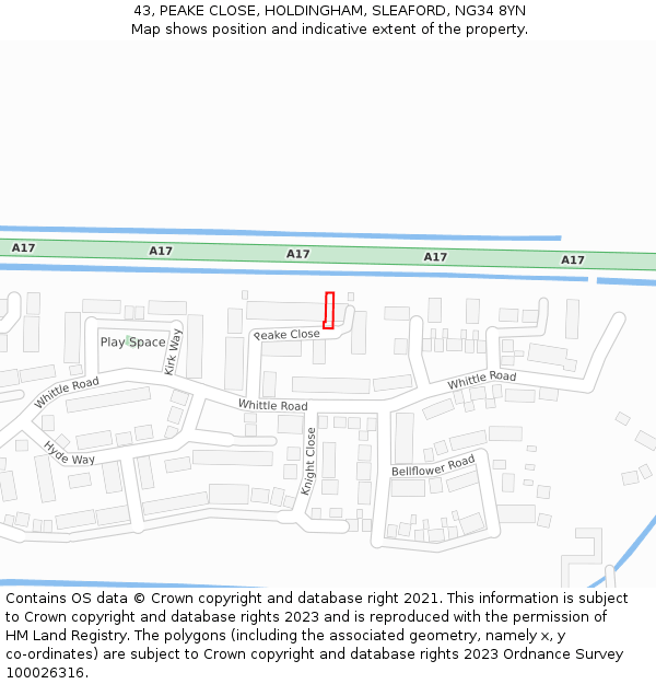 43, PEAKE CLOSE, HOLDINGHAM, SLEAFORD, NG34 8YN: Location map and indicative extent of plot