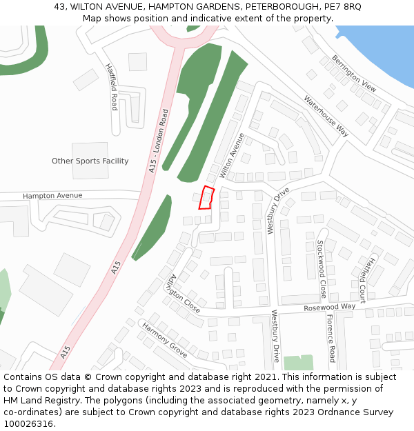 43, WILTON AVENUE, HAMPTON GARDENS, PETERBOROUGH, PE7 8RQ: Location map and indicative extent of plot