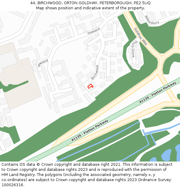 44, BIRCHWOOD, ORTON GOLDHAY, PETERBOROUGH, PE2 5UQ: Location map and indicative extent of plot