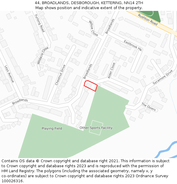 44, BROADLANDS, DESBOROUGH, KETTERING, NN14 2TH: Location map and indicative extent of plot