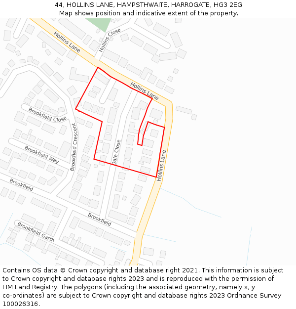 44, HOLLINS LANE, HAMPSTHWAITE, HARROGATE, HG3 2EG: Location map and indicative extent of plot