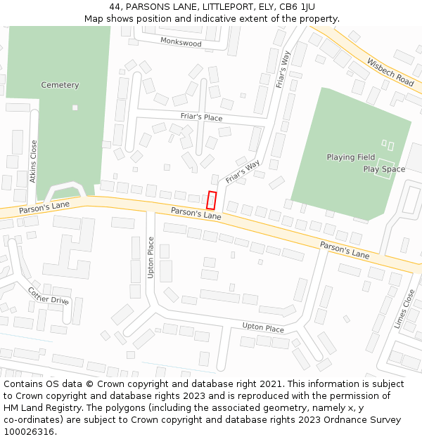 44, PARSONS LANE, LITTLEPORT, ELY, CB6 1JU: Location map and indicative extent of plot
