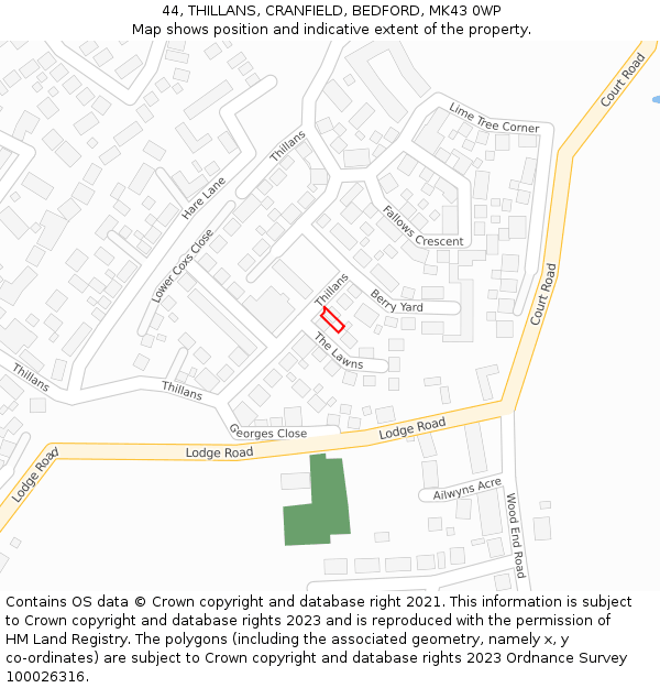 44, THILLANS, CRANFIELD, BEDFORD, MK43 0WP: Location map and indicative extent of plot