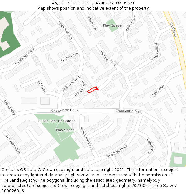 45, HILLSIDE CLOSE, BANBURY, OX16 9YT: Location map and indicative extent of plot