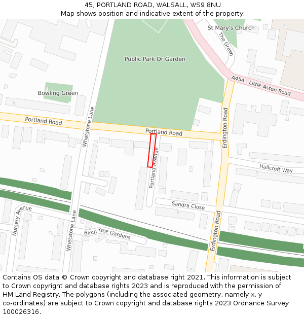 45, PORTLAND ROAD, WALSALL, WS9 8NU: Location map and indicative extent of plot
