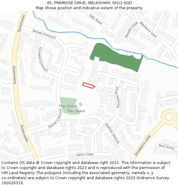 45, PRIMROSE DRIVE, MELKSHAM, SN12 6GD: Location map and indicative extent of plot