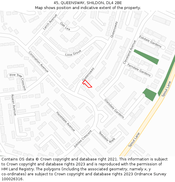 45, QUEENSWAY, SHILDON, DL4 2BE: Location map and indicative extent of plot