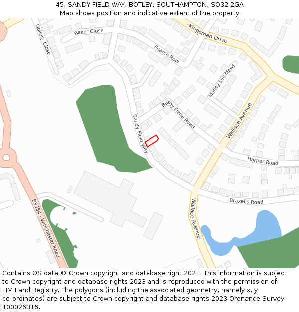 45, SANDY FIELD WAY, BOTLEY, SOUTHAMPTON, SO32 2GA: Location map and indicative extent of plot