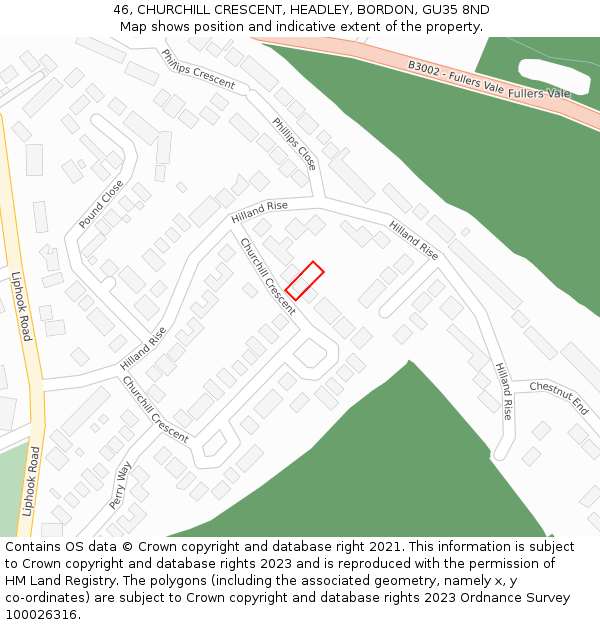 46, CHURCHILL CRESCENT, HEADLEY, BORDON, GU35 8ND: Location map and indicative extent of plot