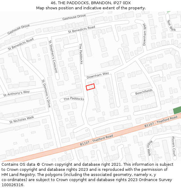 46, THE PADDOCKS, BRANDON, IP27 0DX: Location map and indicative extent of plot