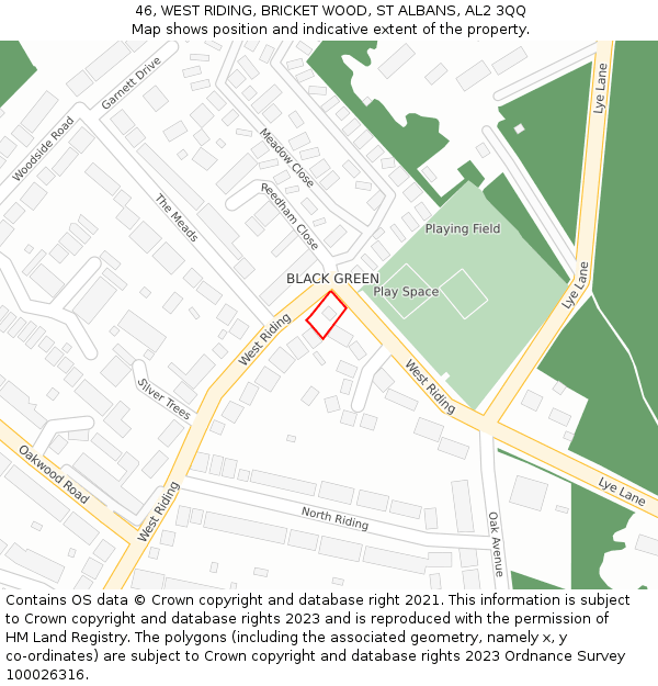 46, WEST RIDING, BRICKET WOOD, ST ALBANS, AL2 3QQ: Location map and indicative extent of plot