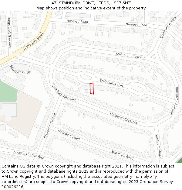 47, STAINBURN DRIVE, LEEDS, LS17 6NZ: Location map and indicative extent of plot