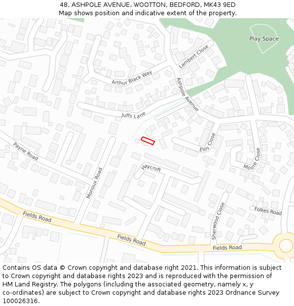 48, ASHPOLE AVENUE, WOOTTON, BEDFORD, MK43 9ED: Location map and indicative extent of plot