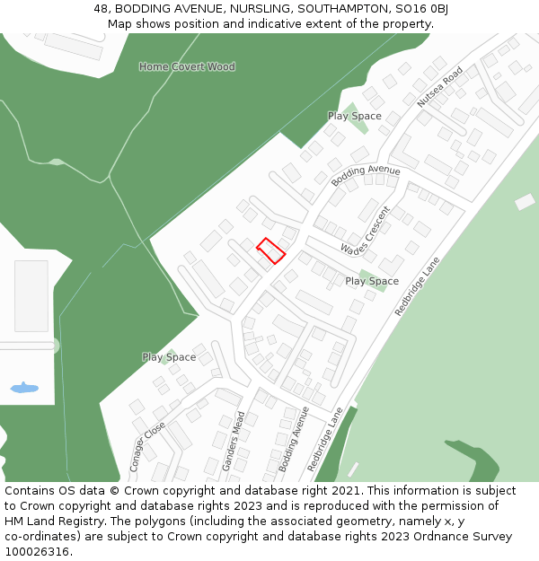 48, BODDING AVENUE, NURSLING, SOUTHAMPTON, SO16 0BJ: Location map and indicative extent of plot