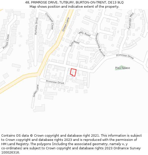 48, PRIMROSE DRIVE, TUTBURY, BURTON-ON-TRENT, DE13 9LQ: Location map and indicative extent of plot