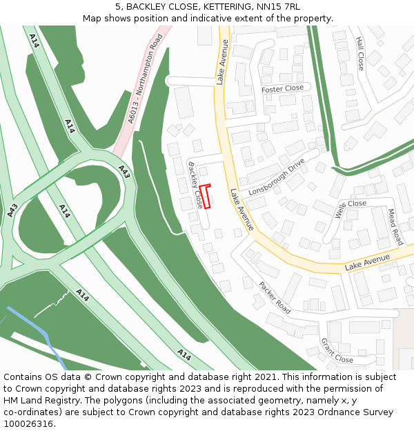 5, BACKLEY CLOSE, KETTERING, NN15 7RL: Location map and indicative extent of plot