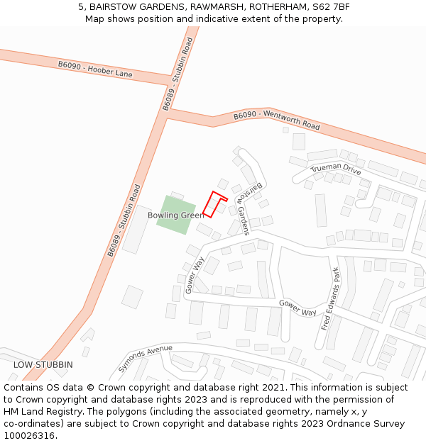5, BAIRSTOW GARDENS, RAWMARSH, ROTHERHAM, S62 7BF: Location map and indicative extent of plot