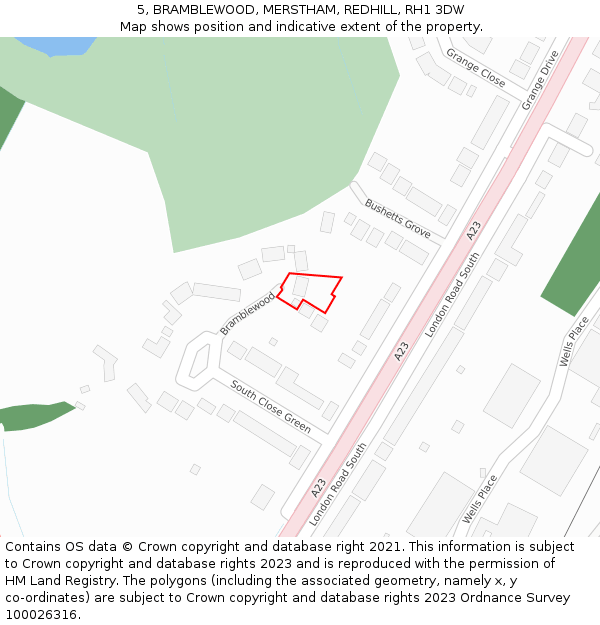 5, BRAMBLEWOOD, MERSTHAM, REDHILL, RH1 3DW: Location map and indicative extent of plot
