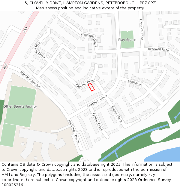5, CLOVELLY DRIVE, HAMPTON GARDENS, PETERBOROUGH, PE7 8PZ: Location map and indicative extent of plot