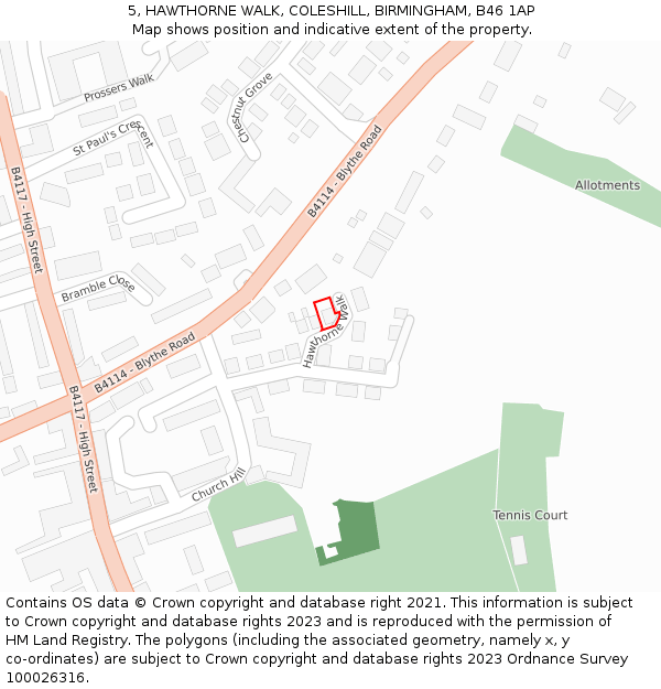 5, HAWTHORNE WALK, COLESHILL, BIRMINGHAM, B46 1AP: Location map and indicative extent of plot