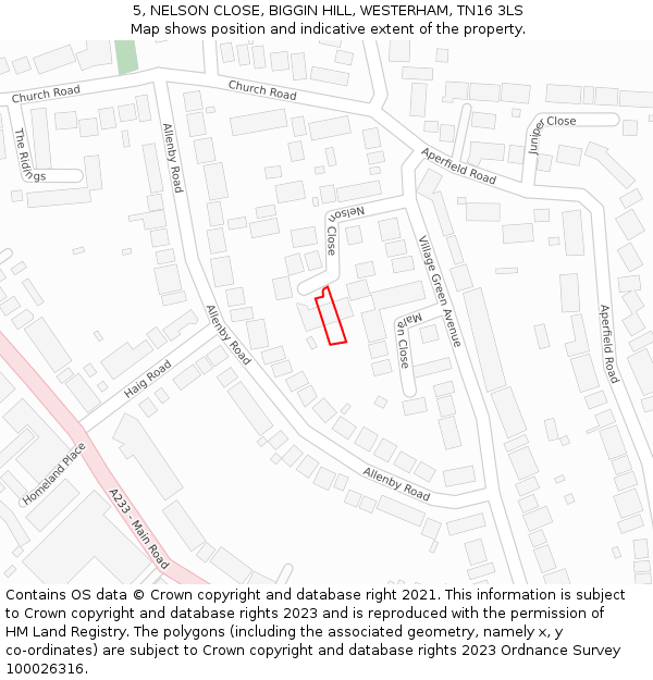 5, NELSON CLOSE, BIGGIN HILL, WESTERHAM, TN16 3LS: Location map and indicative extent of plot