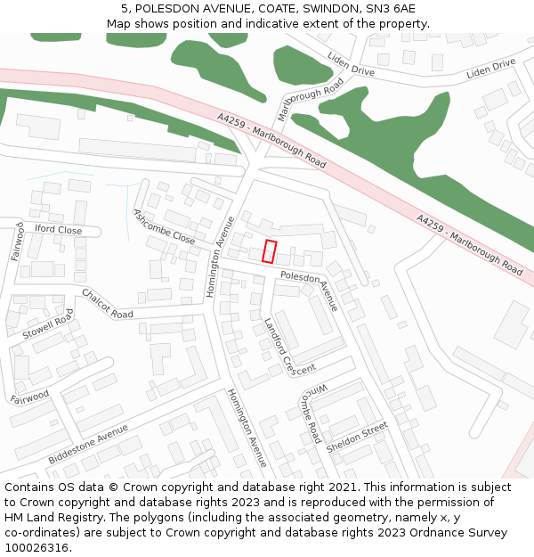 5, POLESDON AVENUE, COATE, SWINDON, SN3 6AE: Location map and indicative extent of plot