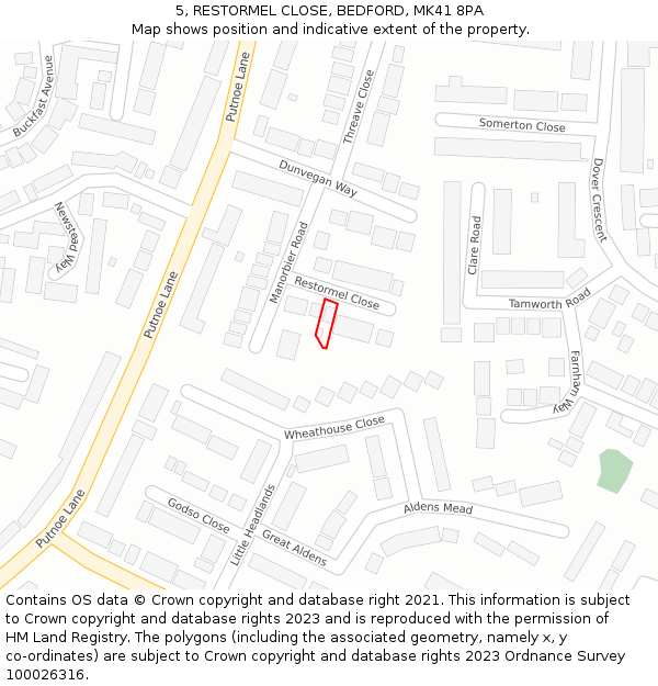5, RESTORMEL CLOSE, BEDFORD, MK41 8PA: Location map and indicative extent of plot