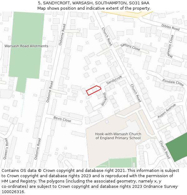 5, SANDYCROFT, WARSASH, SOUTHAMPTON, SO31 9AA: Location map and indicative extent of plot