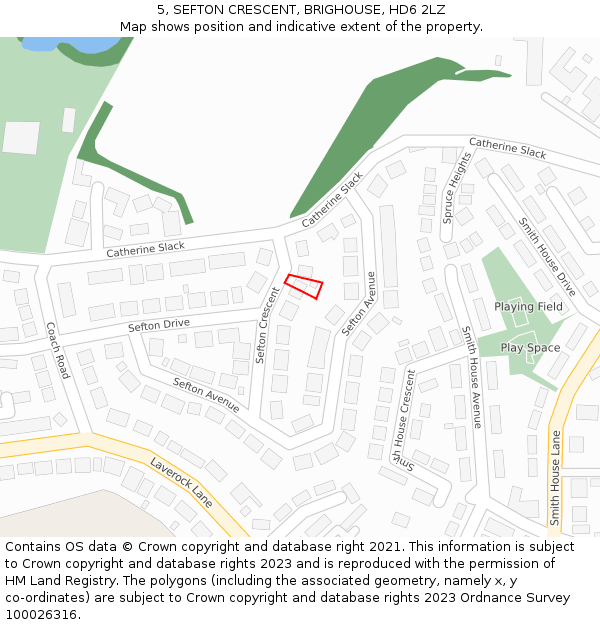 5, SEFTON CRESCENT, BRIGHOUSE, HD6 2LZ: Location map and indicative extent of plot