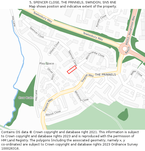 5, SPENCER CLOSE, THE PRINNELS, SWINDON, SN5 6NE: Location map and indicative extent of plot