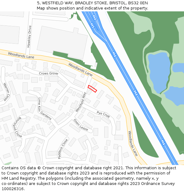 5, WESTFIELD WAY, BRADLEY STOKE, BRISTOL, BS32 0EN: Location map and indicative extent of plot