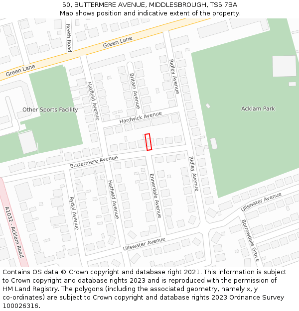 50, BUTTERMERE AVENUE, MIDDLESBROUGH, TS5 7BA: Location map and indicative extent of plot